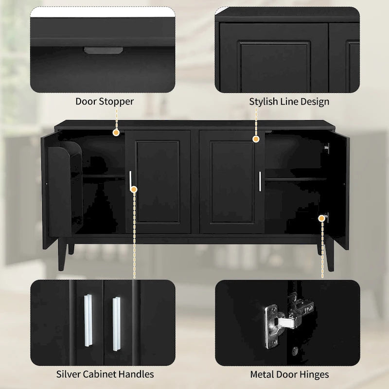 Buffet 4 portes avec étagère pour salon, deux grands placards avec étagère réglable