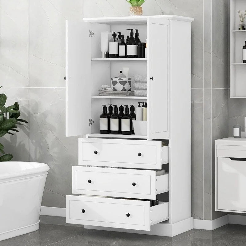 Meuble de salle de bain autoportant avec portes, 3 grands tiroirs et étagères réglables