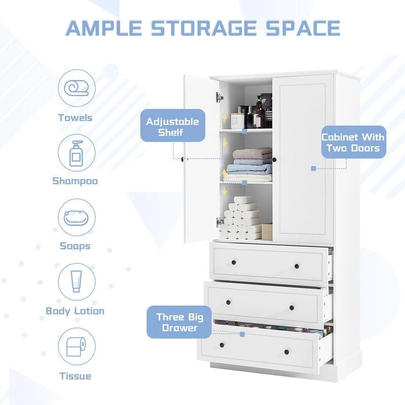 Meuble de salle de bain autoportant avec portes, 3 grands tiroirs et étagères réglables