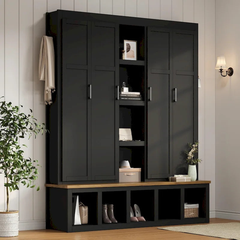 Meuble d'entrée 4-en-1 avec 6 patères, meuble à chaussures avec compartiments ouverts, banc en bois avec plusieurs espaces de rangement