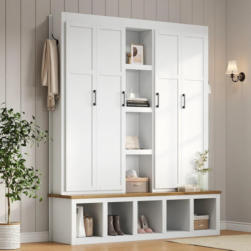 Meuble d'entrée 4-en-1 avec 6 patères, meuble à chaussures avec compartiments ouverts, banc en bois avec plusieurs espaces de rangement