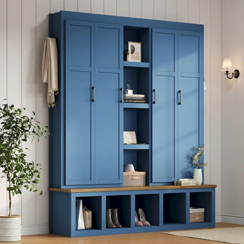 Meuble d'entrée 4-en-1 avec 6 patères, meuble à chaussures avec compartiments ouverts, banc en bois avec plusieurs espaces de rangement