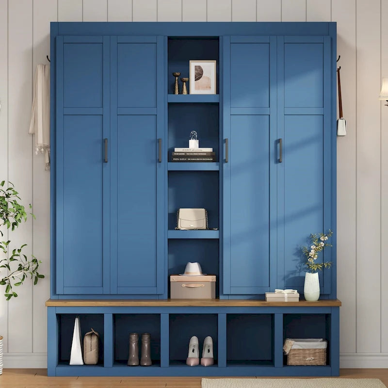 Meuble d'entrée 4-en-1 avec 6 patères, meuble à chaussures avec compartiments ouverts, banc en bois avec plusieurs espaces de rangement