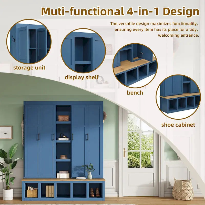 Meuble d'entrée 4-en-1 avec 6 patères, meuble à chaussures avec compartiments ouverts, banc en bois avec plusieurs espaces de rangement