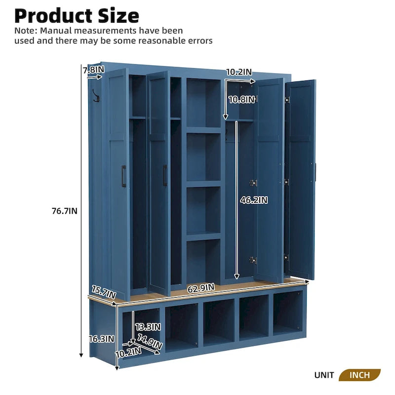 Meuble d'entrée 4-en-1 avec 6 patères, meuble à chaussures avec compartiments ouverts, banc en bois avec plusieurs espaces de rangement