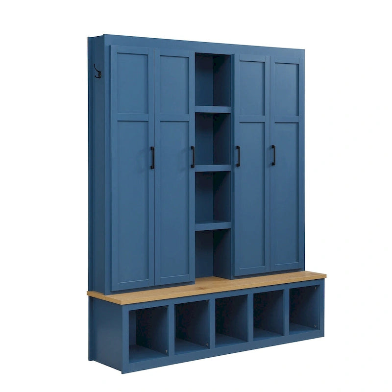 Meuble d'entrée 4-en-1 avec 6 patères, meuble à chaussures avec compartiments ouverts, banc en bois avec plusieurs espaces de rangement