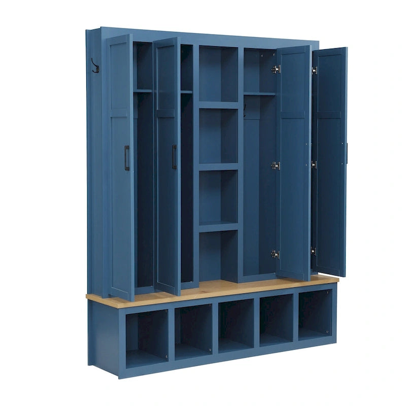Meuble d'entrée 4-en-1 avec 6 patères, meuble à chaussures avec compartiments ouverts, banc en bois avec plusieurs espaces de rangement
