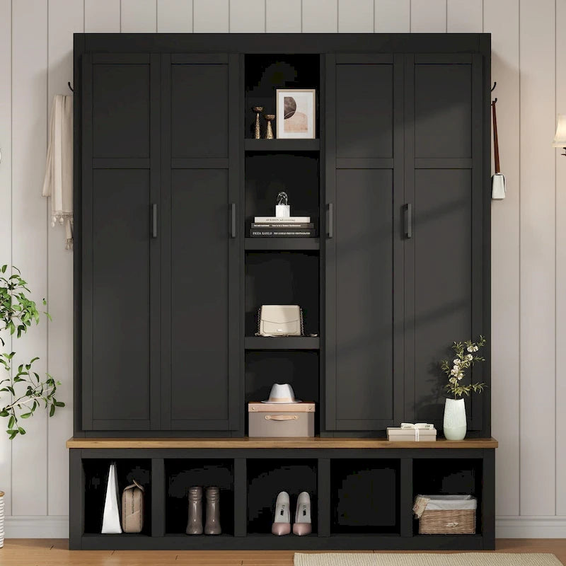 Meuble d'entrée 4-en-1 avec 6 patères, meuble à chaussures avec compartiments ouverts, banc en bois avec plusieurs espaces de rangement