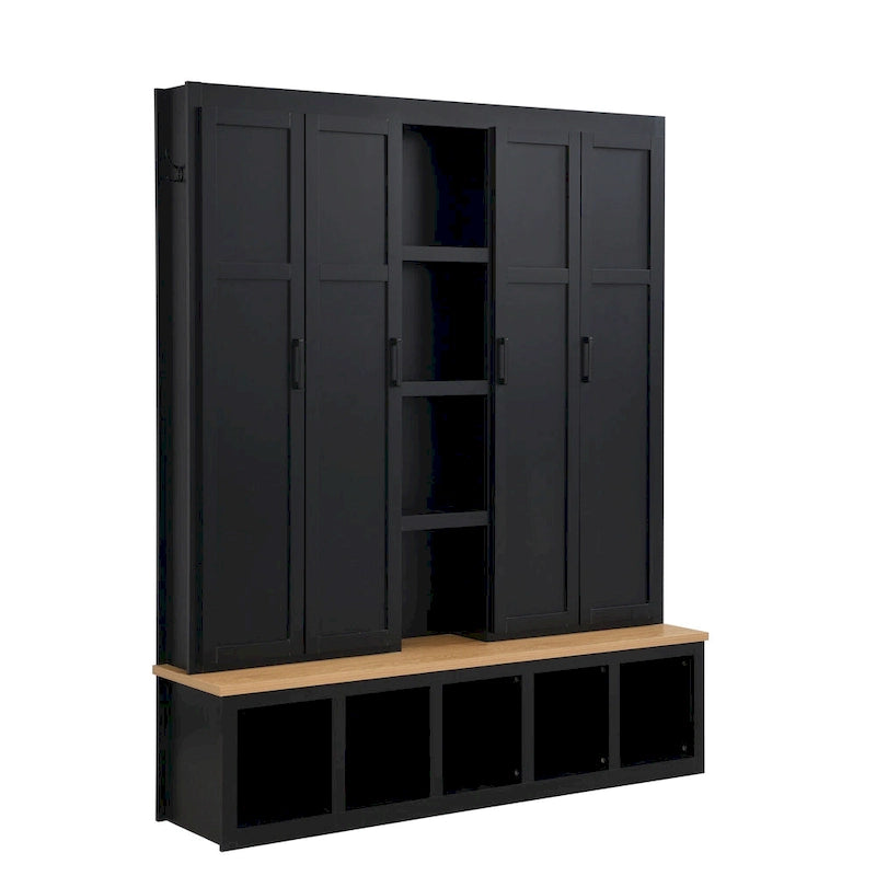 Meuble d'entrée 4-en-1 avec 6 patères, meuble à chaussures avec compartiments ouverts, banc en bois avec plusieurs espaces de rangement