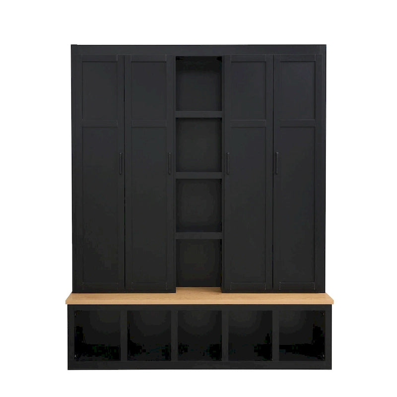 Meuble d'entrée 4-en-1 avec 6 patères, meuble à chaussures avec compartiments ouverts, banc en bois avec plusieurs espaces de rangement