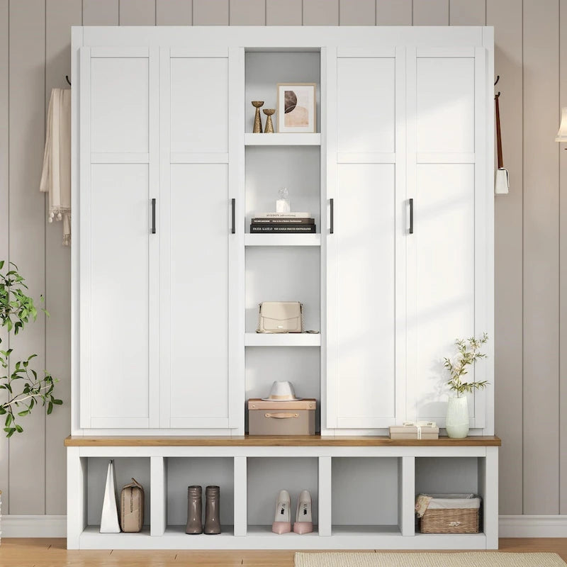 Meuble d'entrée 4-en-1 avec 6 patères, meuble à chaussures avec compartiments ouverts, banc en bois avec plusieurs espaces de rangement