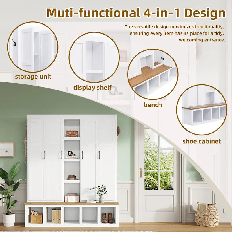 Meuble d'entrée 4-en-1 avec 6 patères, meuble à chaussures avec compartiments ouverts, banc en bois avec plusieurs espaces de rangement