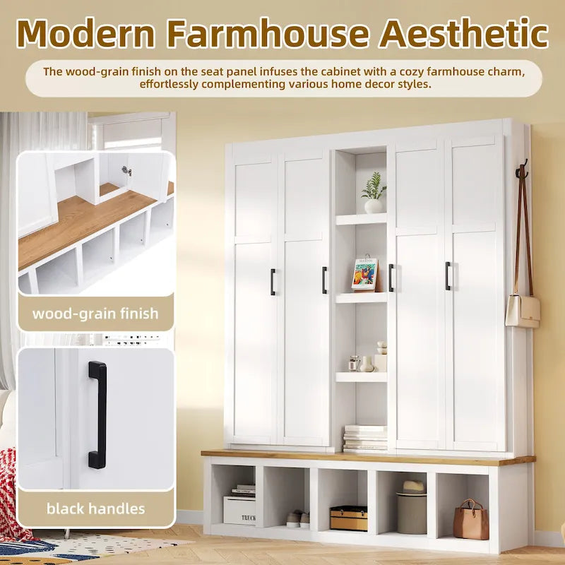 Meuble d'entrée 4-en-1 avec 6 patères, meuble à chaussures avec compartiments ouverts, banc en bois avec plusieurs espaces de rangement