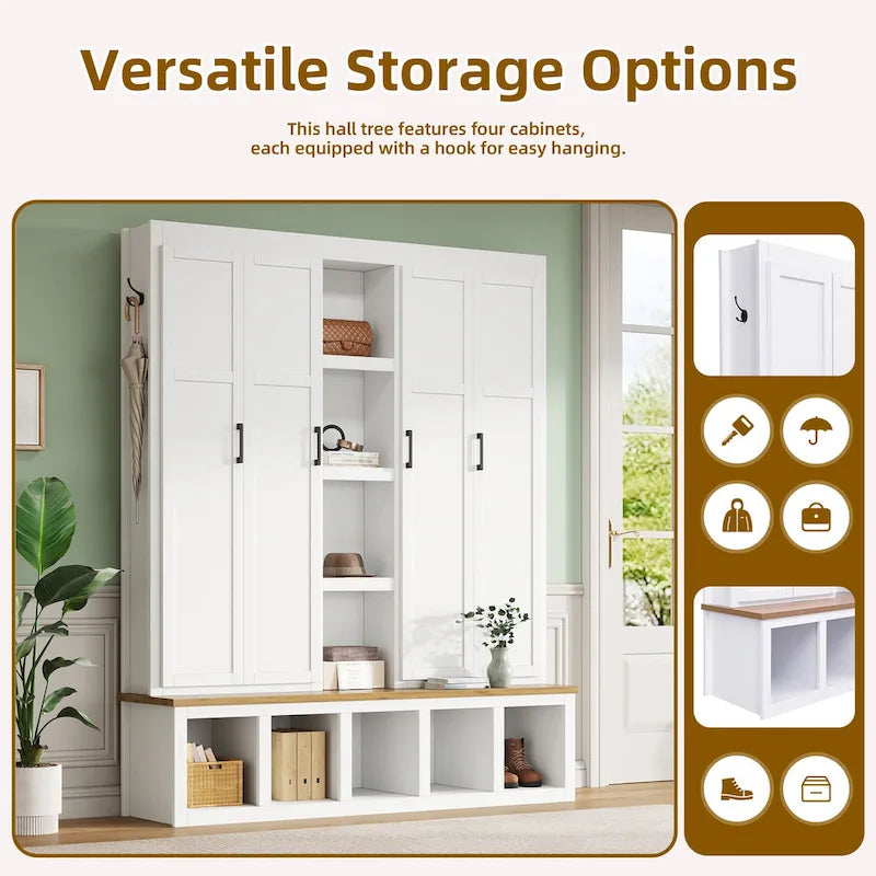 Meuble d'entrée 4-en-1 avec 6 patères, meuble à chaussures avec compartiments ouverts, banc en bois avec plusieurs espaces de rangement