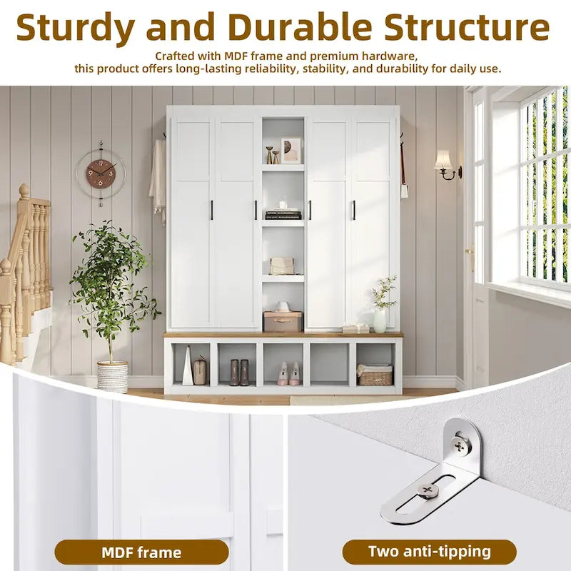 Meuble d'entrée 4-en-1 avec 6 patères, meuble à chaussures avec compartiments ouverts, banc en bois avec plusieurs espaces de rangement