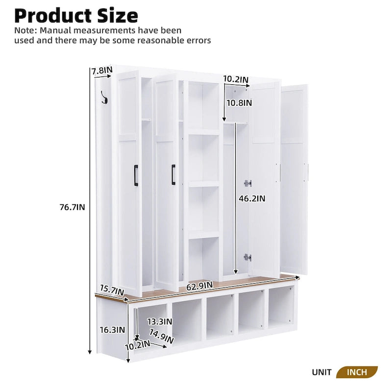 Meuble d'entrée 4-en-1 avec 6 patères, meuble à chaussures avec compartiments ouverts, banc en bois avec plusieurs espaces de rangement