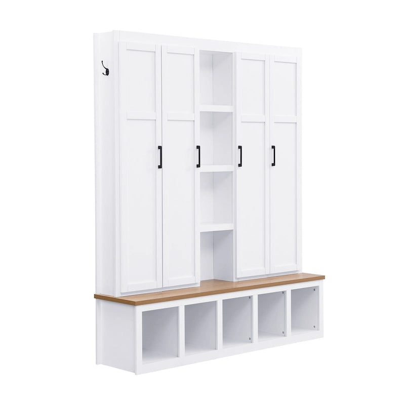 Meuble d'entrée 4-en-1 avec 6 patères, meuble à chaussures avec compartiments ouverts, banc en bois avec plusieurs espaces de rangement