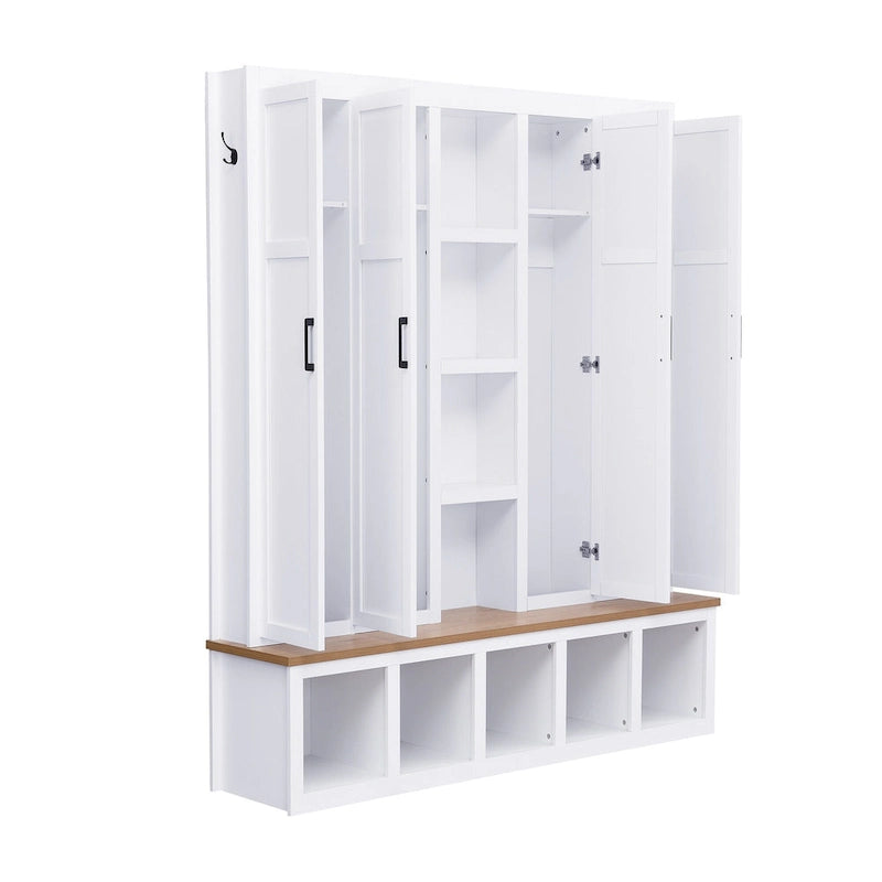 Meuble d'entrée 4-en-1 avec 6 patères, meuble à chaussures avec compartiments ouverts, banc en bois avec plusieurs espaces de rangement