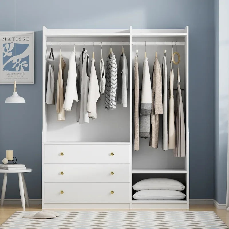 Armoire ouverte avec 2 tringles à vêtements et 3 tiroirs