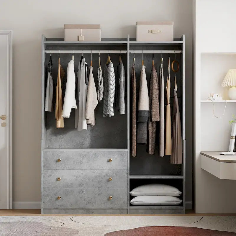 Armoire ouverte avec 2 tringles à vêtements et 3 tiroirs