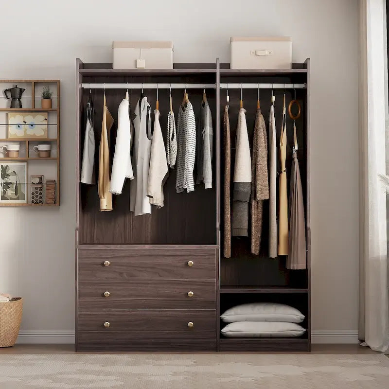 Armoire ouverte avec 2 tringles à vêtements et 3 tiroirs