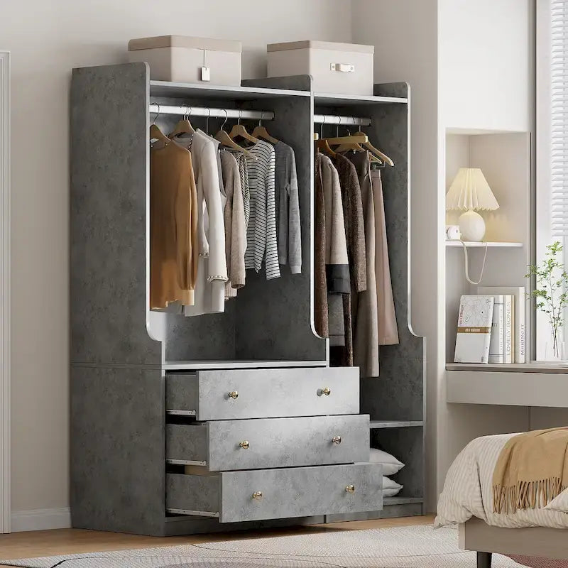 Armoire ouverte avec 2 tringles à vêtements et 3 tiroirs