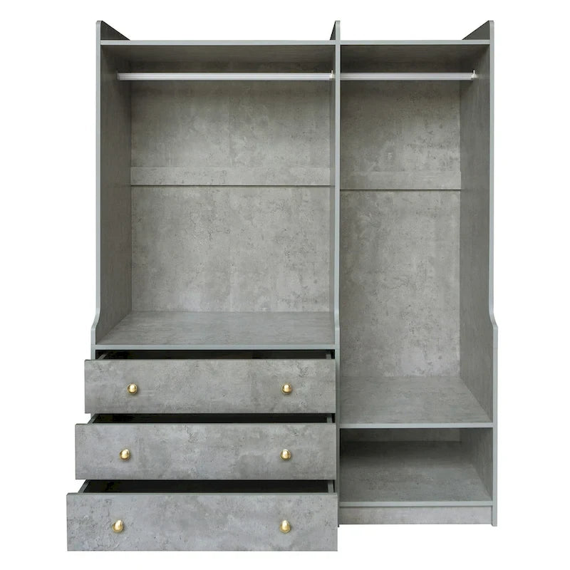 Armoire ouverte avec 2 tringles à vêtements et 3 tiroirs