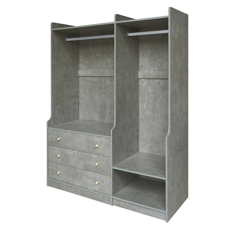 Armoire ouverte avec 2 tringles à vêtements et 3 tiroirs