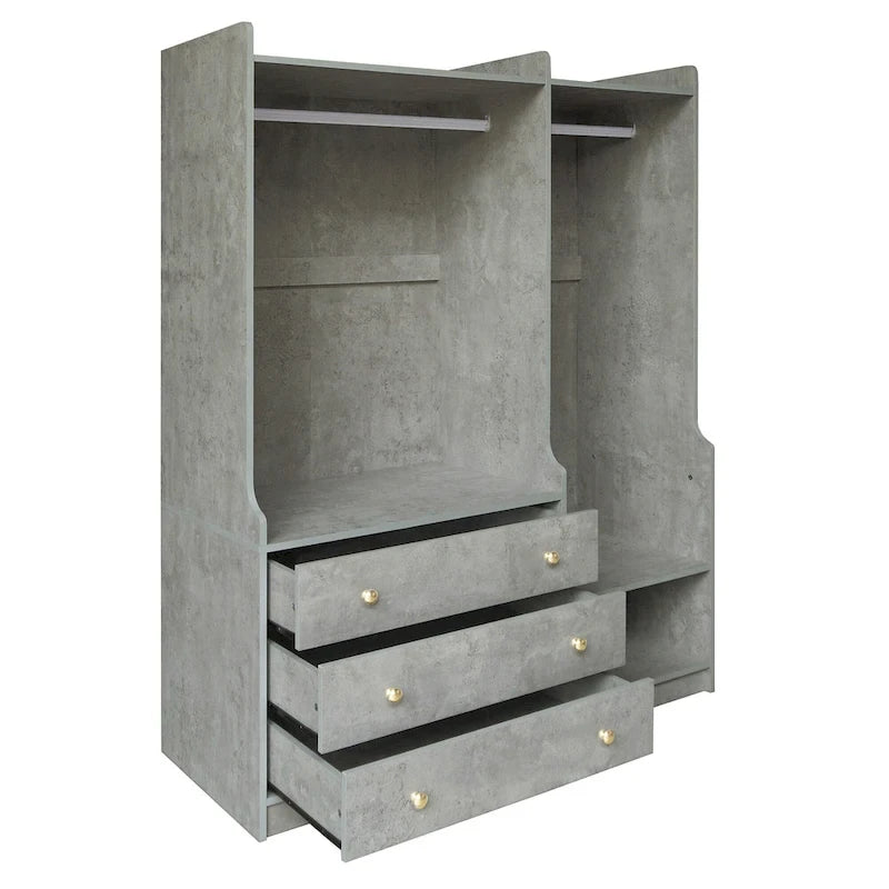 Armoire ouverte avec 2 tringles à vêtements et 3 tiroirs