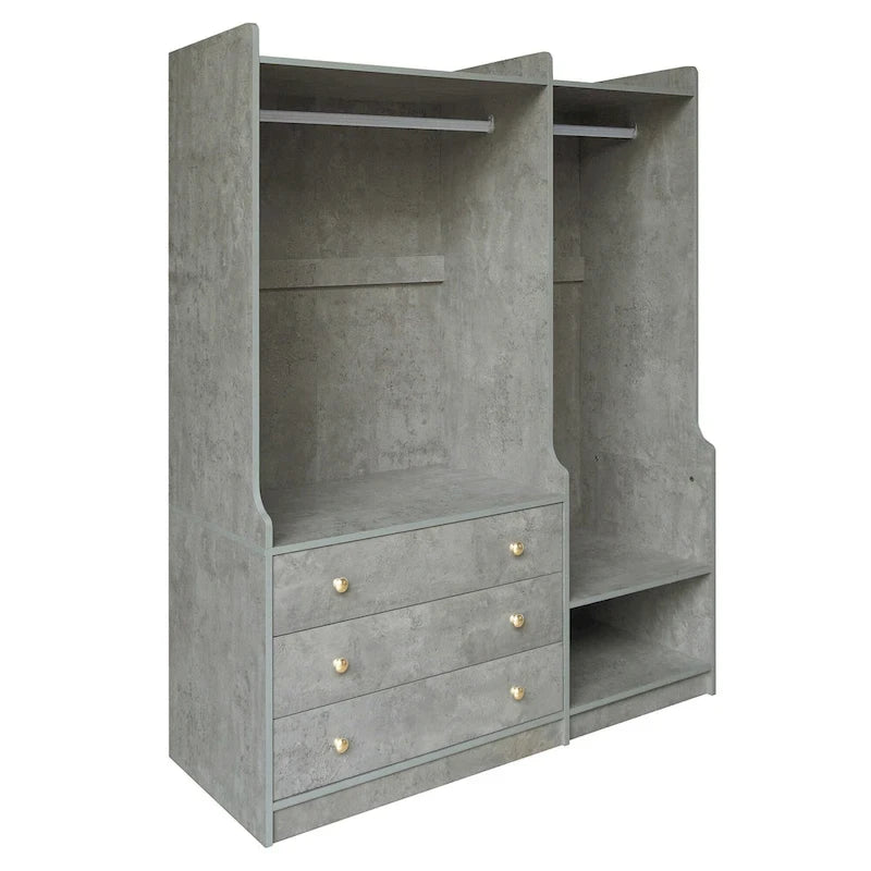 Armoire ouverte avec 2 tringles à vêtements et 3 tiroirs