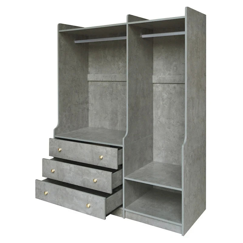 Armoire ouverte avec 2 tringles à vêtements et 3 tiroirs