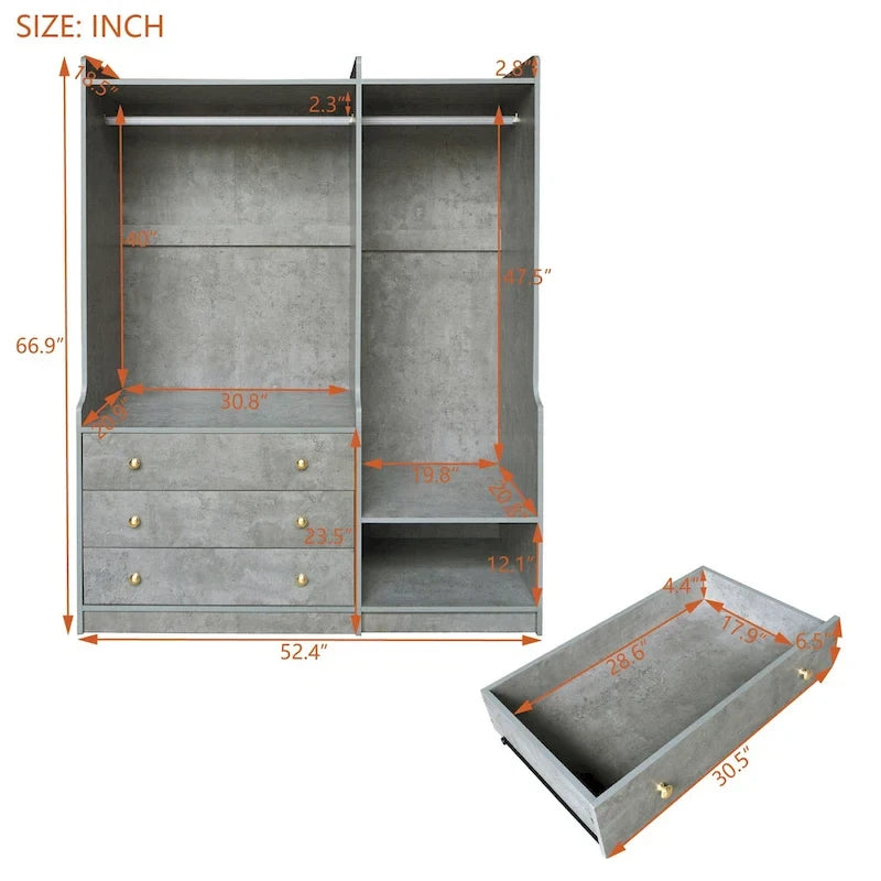 Armoire ouverte avec 2 tringles à vêtements et 3 tiroirs
