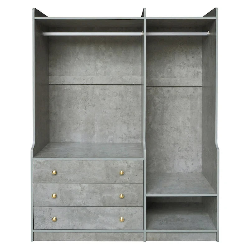 Armoire ouverte avec 2 tringles à vêtements et 3 tiroirs