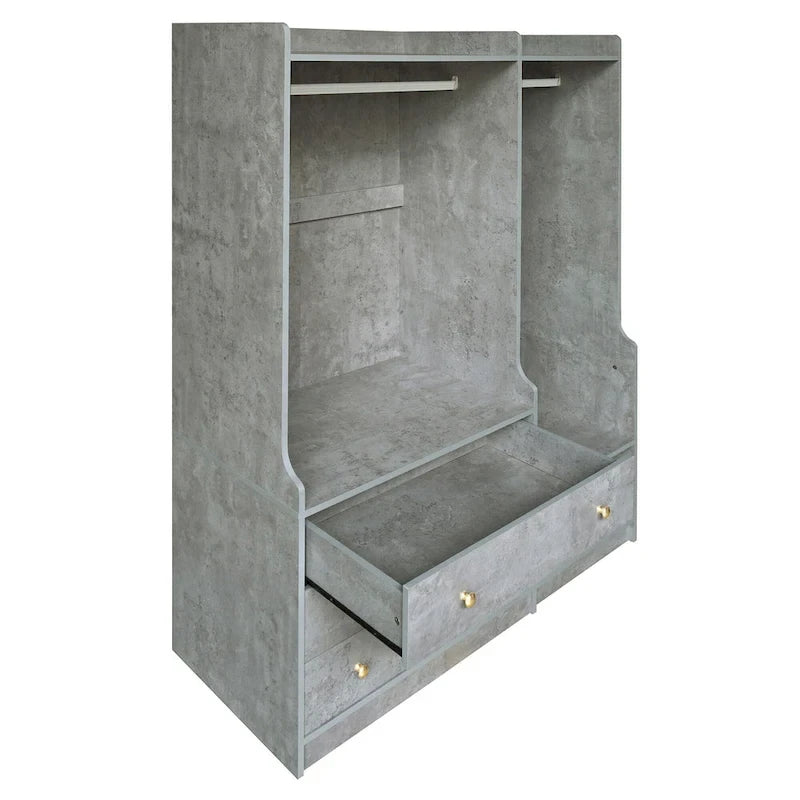 Armoire ouverte avec 2 tringles à vêtements et 3 tiroirs