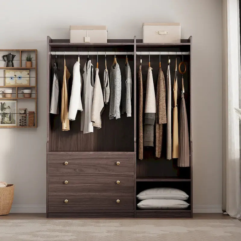 Armoire ouverte avec 2 tringles à vêtements et 3 tiroirs