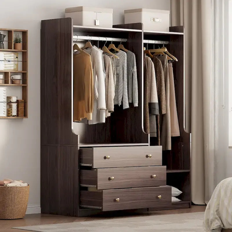 Armoire ouverte avec 2 tringles à vêtements et 3 tiroirs