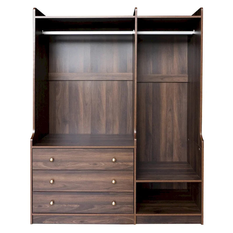 Armoire ouverte avec 2 tringles à vêtements et 3 tiroirs
