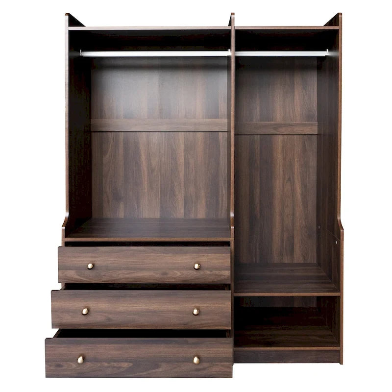 Armoire ouverte avec 2 tringles à vêtements et 3 tiroirs