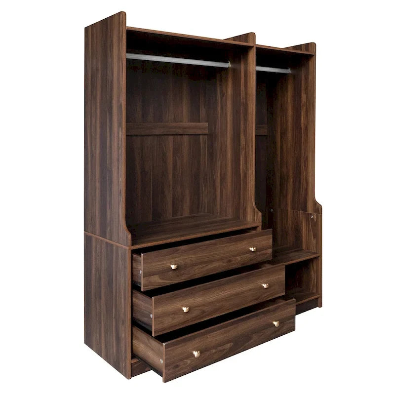 Armoire ouverte avec 2 tringles à vêtements et 3 tiroirs
