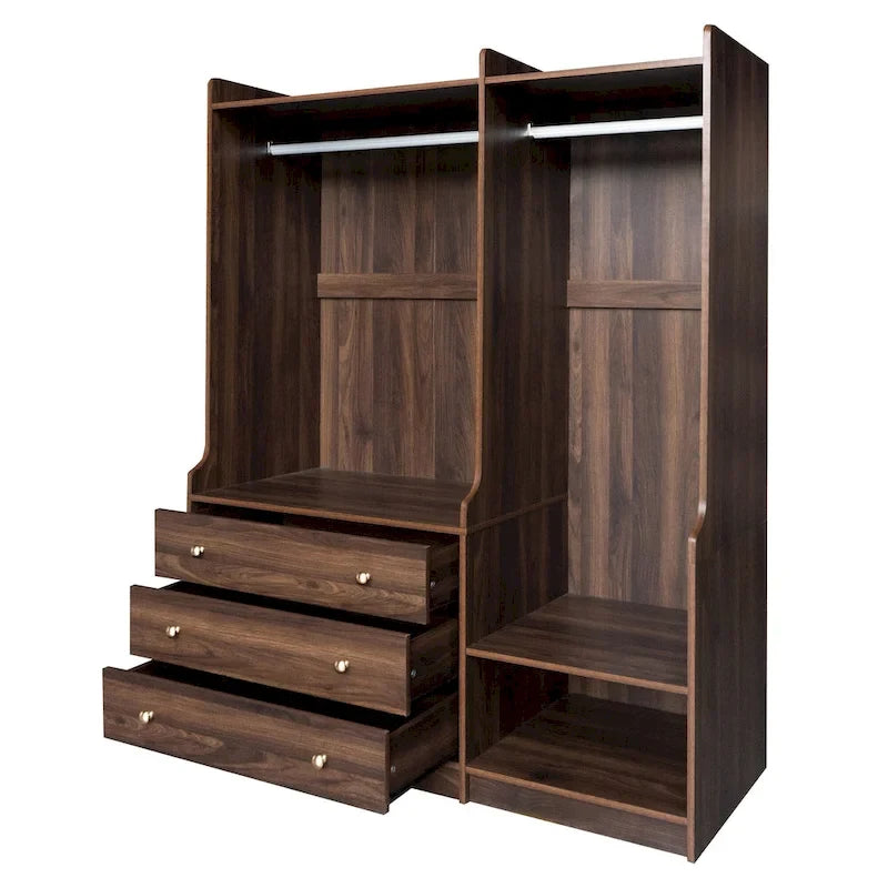 Armoire ouverte avec 2 tringles à vêtements et 3 tiroirs