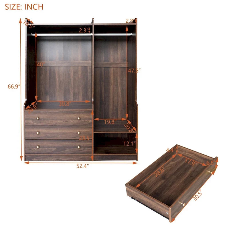 Armoire ouverte avec 2 tringles à vêtements et 3 tiroirs