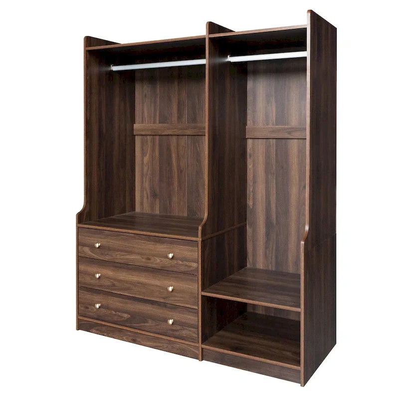 Armoire ouverte avec 2 tringles à vêtements et 3 tiroirs