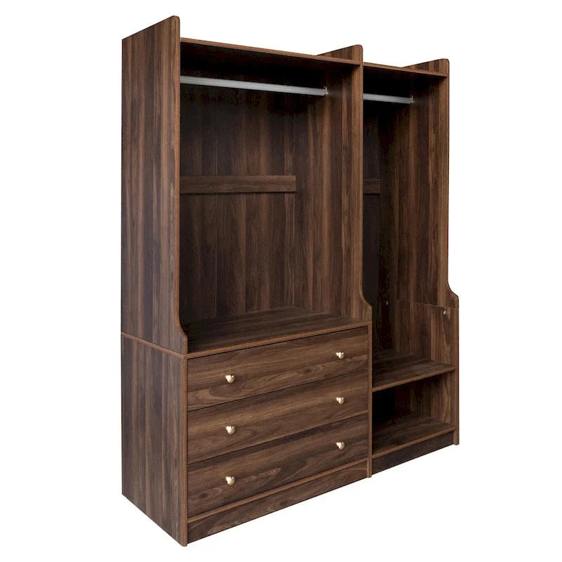 Armoire ouverte avec 2 tringles à vêtements et 3 tiroirs
