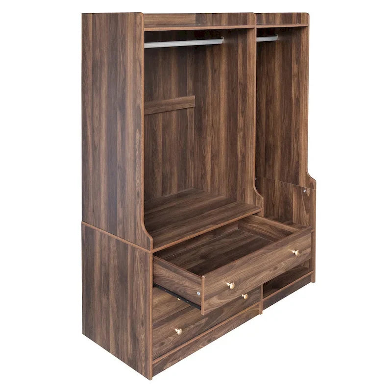 Armoire ouverte avec 2 tringles à vêtements et 3 tiroirs