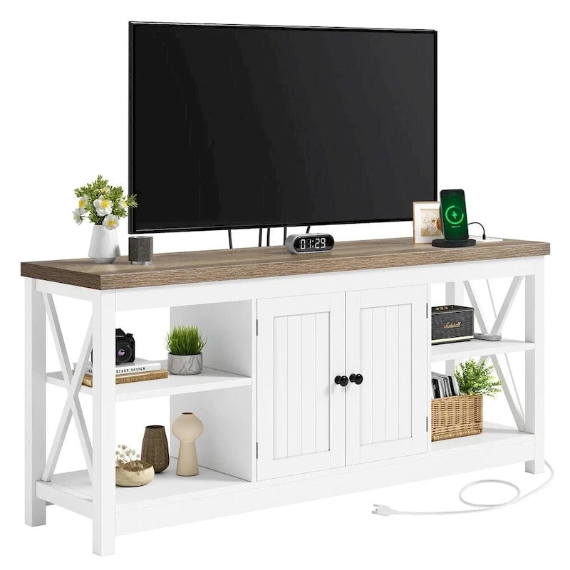Meuble TV avec prises électriques intégrées, 147 cm