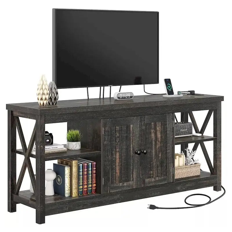 Meuble TV pour téléviseurs de 55/60/65 pouces avec prises électriques - 58 pouces, gris foncé