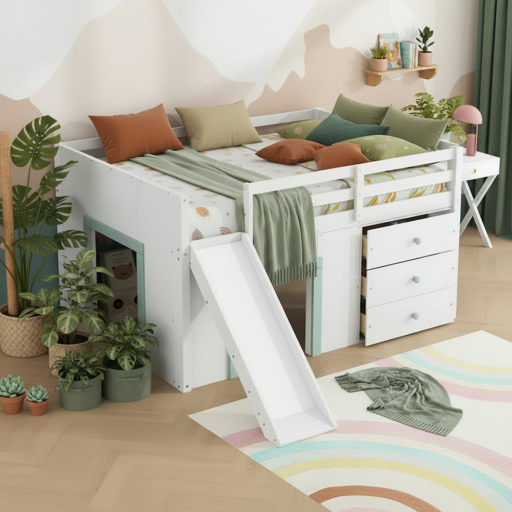 Full Size Low Loft Bed with Slide,Three Storage Drawers and 2 Doors, White