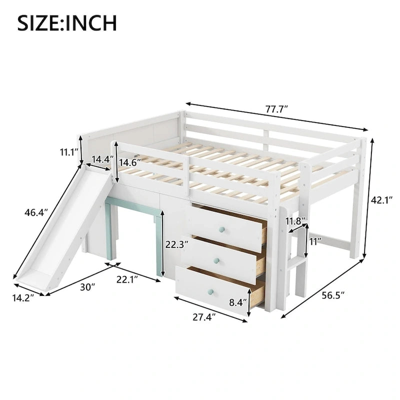 Lit mezzanine bas pleine grandeur avec toboggan, trois tiroirs de rangement et 2 portes, blanc