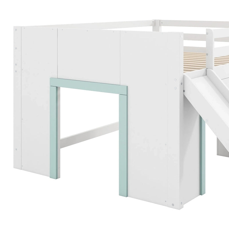 Lit mezzanine bas pleine grandeur avec toboggan, trois tiroirs de rangement et 2 portes, blanc