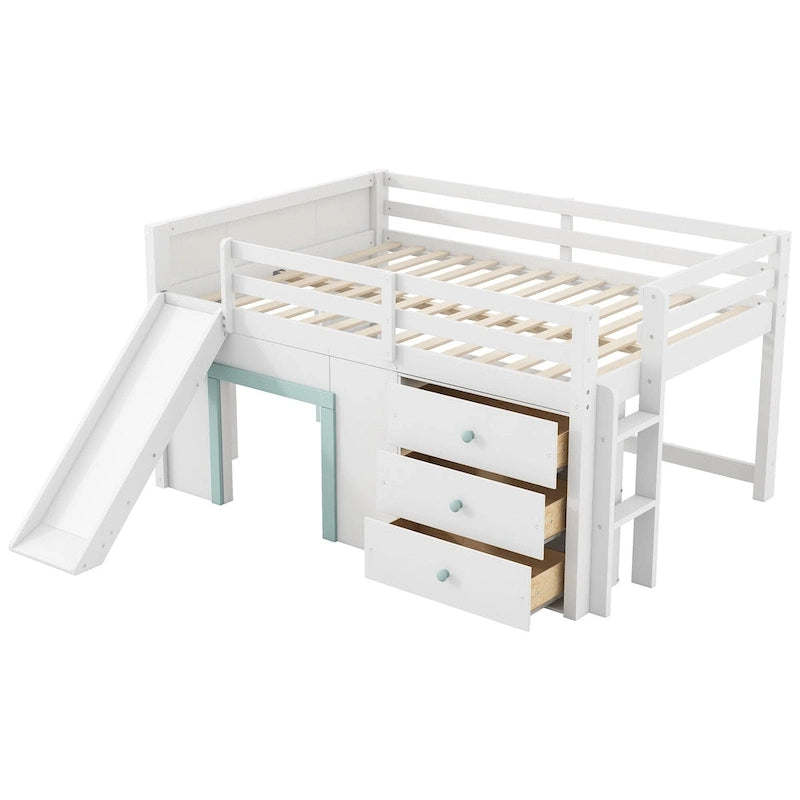 Lit mezzanine bas pleine grandeur avec toboggan, trois tiroirs de rangement et 2 portes, blanc